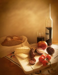 wine, bread and cheese